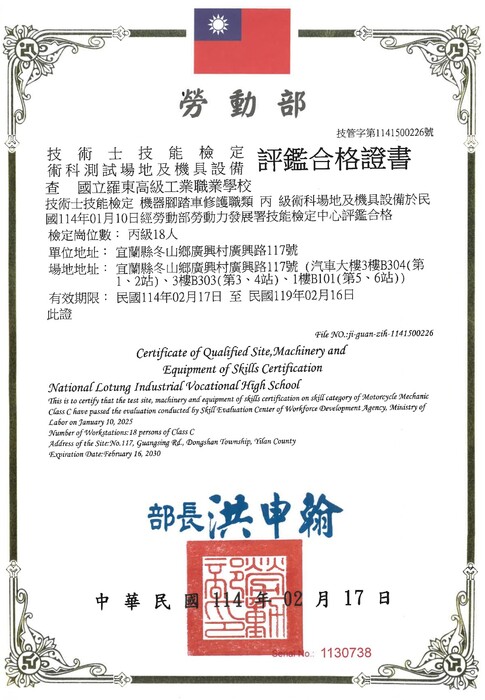 機器腳踏車修護術科場地合格證書